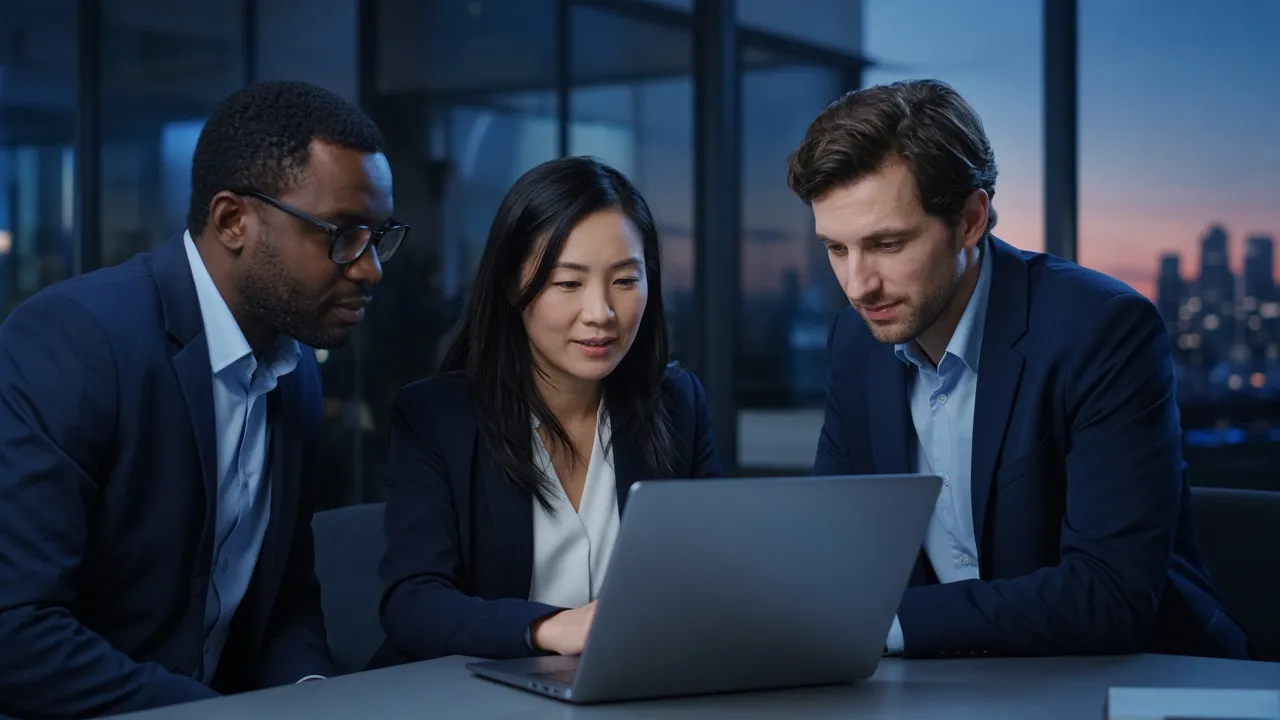 Three colleagues reviewing a laptop together in a glass office at dusk