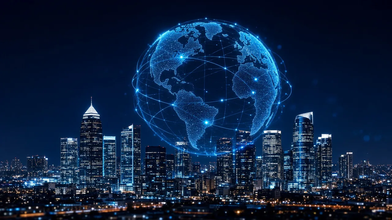 Night city skyline beneath a blue digital globe of connected network nodes