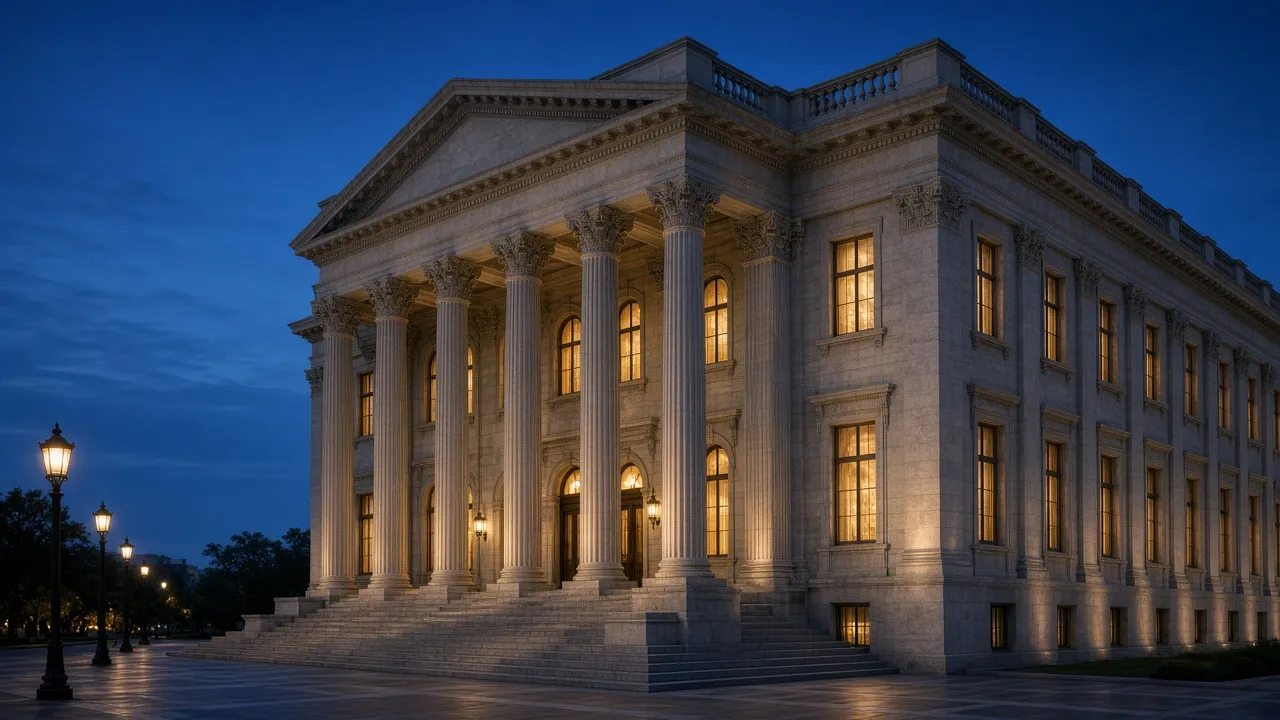 Neoclassical civic building with columns at blue hour